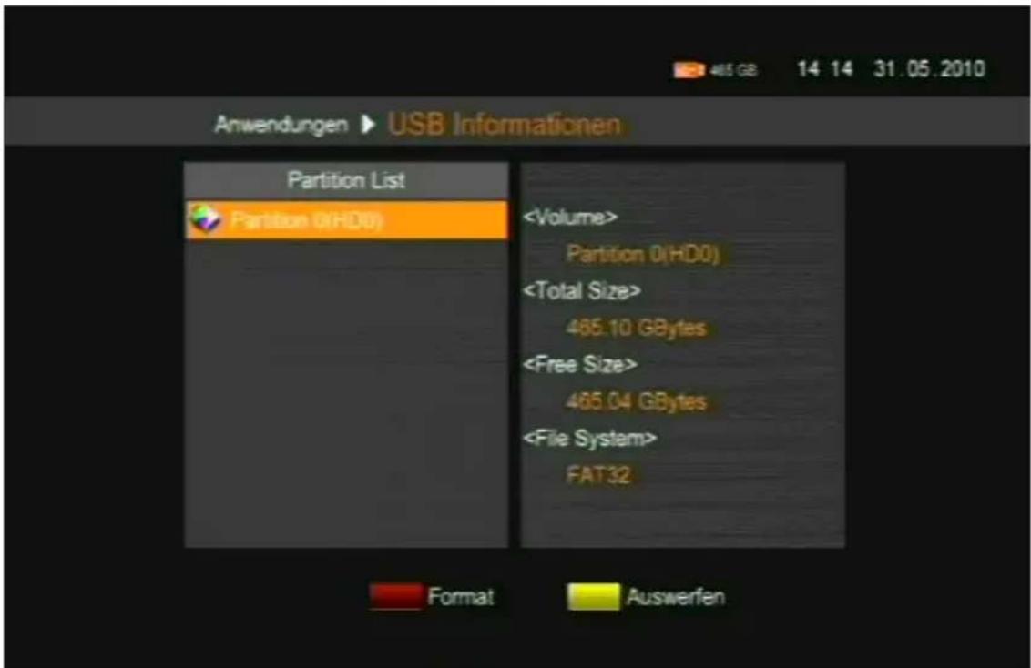Anwendungen ▶ USB Informationen Partition List Partition 0(HD0) Partition 0(HD0) 465.10 GBytes 465.04 GBytes FAT32 Format Auswerfen