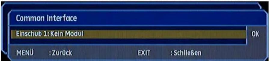 Common Interface Einschub 1: Kein Modul OK MENÜ : Zurück EXIT : Schließen