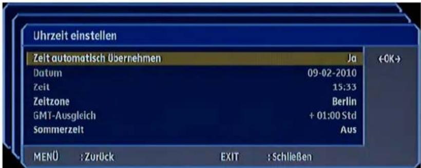 Uhrzeit einstellen Zeit automatisch Übernehmen Ja Datum 09-02-2010 Zeit 15:33 Zeitzone Berlin GMT-Ausgleich + 01:00 Std Sommerzelt Aus MENÜ : Zurück EXIT : Schließen