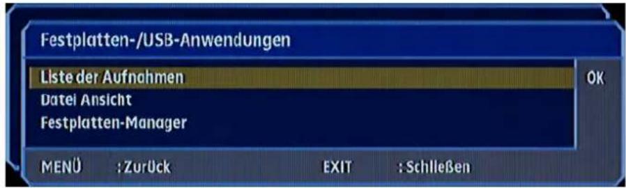 Festplatten-/USB-Anwendungen Liste der Aufnahmen Datei Ansicht Festplatten-Manager MENÜ : Zurück EXIT : Schließen