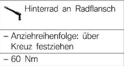Hinterrad an Radflansch - Anziehreihenfolge: über Kreuz festziehen - 60 Nm