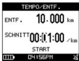 TEMP0/ENTF. ENTF. 10.000 km SCHNITT 00:01:00 /km START 04:56PM