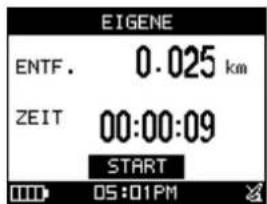 EIGENE ENTF. 0.025 km ZEIT 00:00:09 START 00:01PM