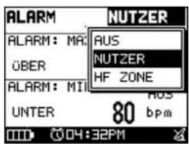 ALARM NUTZER ALARM: MA: AUS ÜBER NUTZER HF ZONE ALARM: MI: MOS UNTER 80 bpm 1111 04:32PM