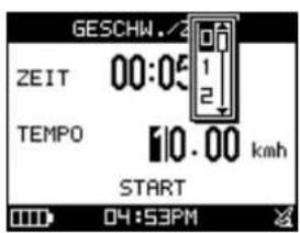 GESCHW./2 ZEIT 00:05 TEMPO 10.00 km/h START 04:53PM