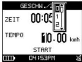 GESCHW./2 ZEIT 00:05 TEMPO 10.00 km/h START 04:53PM