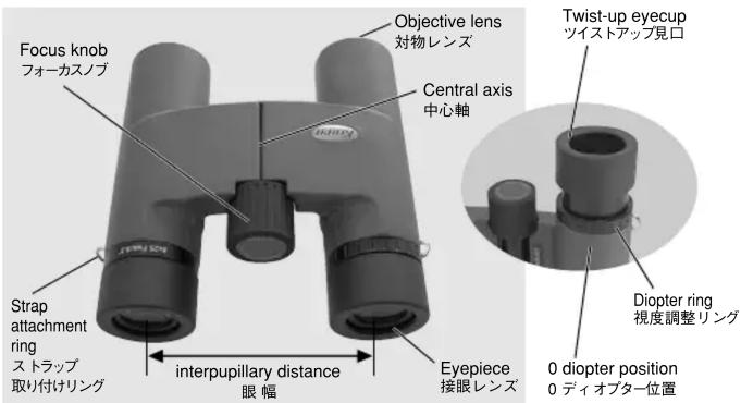 Focus knob フォーカスノブ Strap attachment ring ストラップ 取り付けリング Objective lens 対物レンズ Central axis 中心軸 interpupillary distance 眼幅 Eyepiece 接眼レンズ Twist-up eyecup ツイストアップ見口 Diopter ring 視度調整リング 0 diopter position 0 ディオプター位置