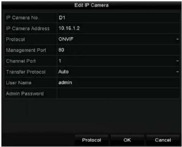 Hikvision DS-8616NI-E8 - Angeschlossene IP-Kameras bearbeiten und benutzerdefinierte Protokolle konfigurieren - 1