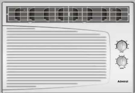 Front view of a modern air conditioner unit with ventilation grilles and two rotary gauges (no text or symbols visible).