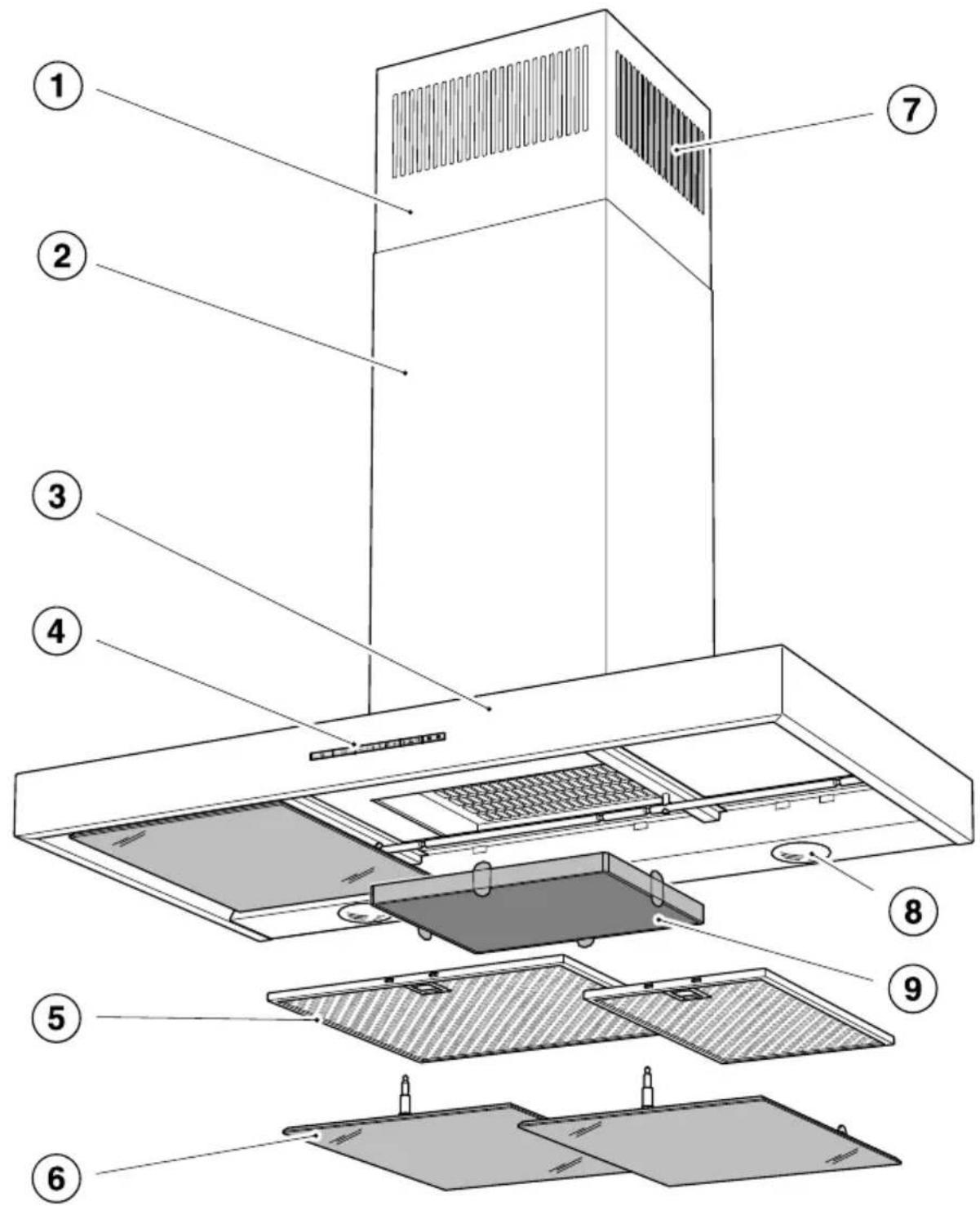 Exploded view diagram of a kitchen ventilation system with numbered components