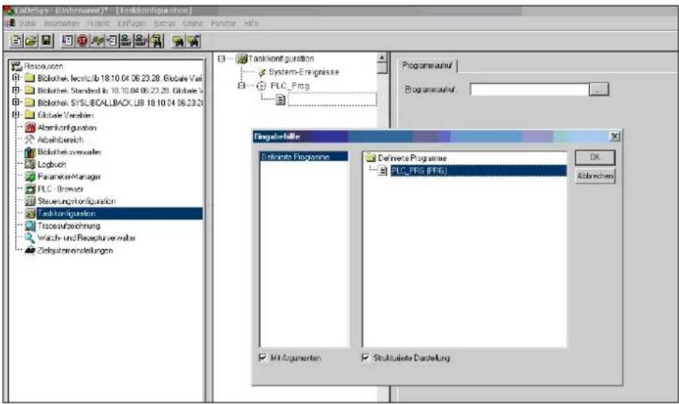 TaskSys - [Unberneut] * [Taskconfiguration] File Edit View Insert Format Edit View Insert Auto Tools Help Resourceform Biliothek lecol.lib 18.10.04 06:23:28, Giobale Vali Biliothek Standed in 18.10.04 06:23:28, Giobale V Biliothek SySLBCALLBACK, LIB 18.10.04 06:23:28 Globale Verfahren Abnormalkonguration Abnormalbereich Biliothek zomwales Logbuch Parameter-Manager PLC - Browser Steuerungskonligation Taskconfiguration Traceaufzeichnung Watch- und Reacurver maltes Zinbatszernstellungen Taskkonsfuguration System-Ereignisse PLC_Prog Programmauluf Programmauluf: Tingelshelle Definite Programme Definite Programme PLC_PFS (PPG) M1 Argumenten Stuktuiste Dastellung DK Abbrachen