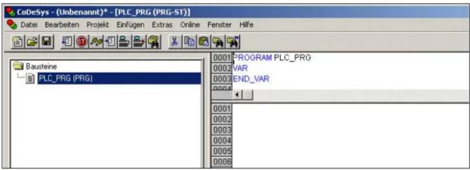 CoDeSys - (Unbenannt)* - [PLC_PRG (PRG-ST)] Datei Bearbeiten Projekt Einfügen Extras Online Fenster Hilfe Bausteine PLC_PRG (PRG) 0001 PROGRAM PLC_PRG 0002 VAR 0003 END_VAR 0004 0001 0002 0003 0004 0005 0006