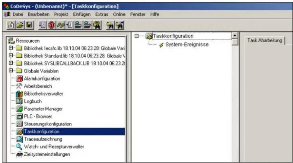 CoDeSys - (Unbenannt)* - [Taskkonfiguration] Datei Bearbeiten Projekt Einfügen Extras Online Fenster Hilfe Ressourcen Bibliothek lecsfc.lib 18.10.04 06:23:28: Globale Van Bibliothek Standard.lib 18.10.04 06:23:28: Globale V Bibliothek SYSLIBCALLBACK.LIB 18.10.04 06:23:28 Globale Variablen Alarmkonfiguration Arbeitsbereich Bibliotheksverwalter Logbuch Parameter-Manager PLC - Browser Steuerungskonfiguration Taskkonfiguration Traceaufzeichnung Watch- und Rezepturverwalter Zielsystemeinstellungen Taskkonfiguration System-Ereignisse Task Abarbeitung
