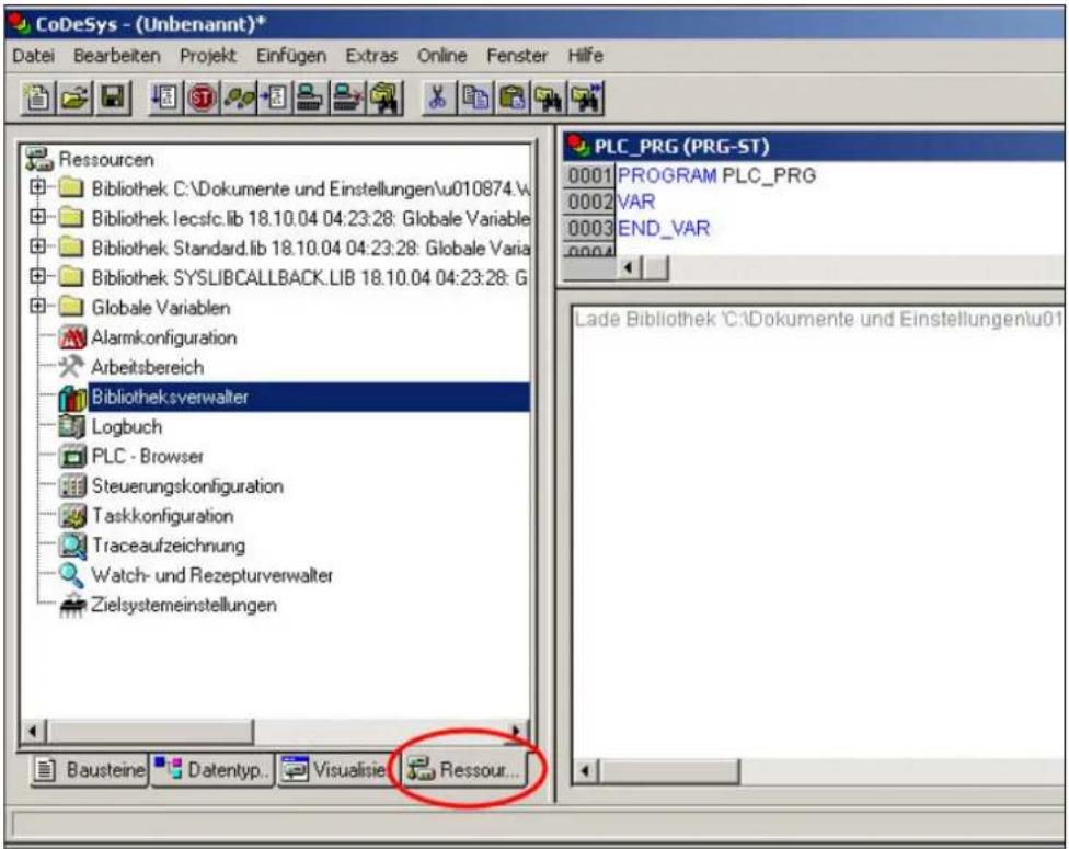 CoDeSys - (Unbenannt)* Datei Bearbeiten Projekt Einfügen Extras Online Fenster Hilfe Ressourcen Bibliothek C:\Dokumente und Einstellungen\u010874.V Bibliothek lecsfc.lib 18.10.04 04:23:28: Globale Variable Bibliothek Standard.lib 18.10.04 04:23:28: Globale Varia Bibliothek SYSLIBCALLBACK.LIB 18.10.04 04:23:28: G Globale Variablen Alarmkonfiguration Arbeitsbereich Bibliotheksverwalter Logbuch PLC - Browser Steuerungskonfiguration Taskkonfiguration Traceaufzeichnung Watch- und Rezepturverwalter Zielsystemeinstellungen PLC_PRG (PRG-ST) 0001 PROGRAM PLC_PRG 0002 VAR 0003 END_VAR 0004 Lade Bibliothek 'C:\Dokumente und Einstellungen\u010874.V Bausteine Datentyp.. Visualisie Ressour...