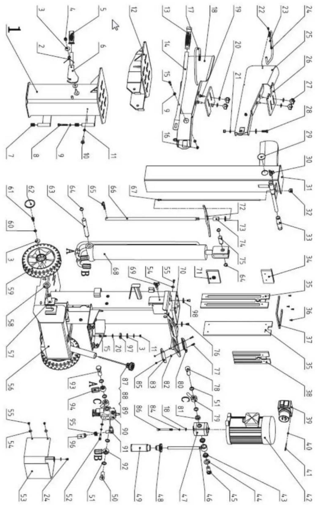 Technical schematic diagram of a mechanical assembly with numbered components and labeled parts