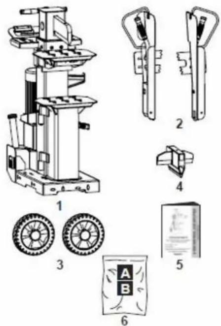 Technical diagram of a mechanical device with labeled parts including gears, tools, and a package labeled A/B.