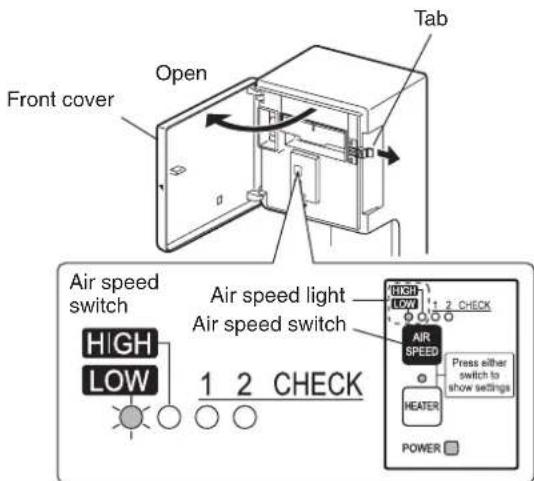 Front cover Open Tab Air speed light Air speed switch HIGH LOW 1 2 CHECK AIR SPEED Press either switch to show settings HEATER POWER