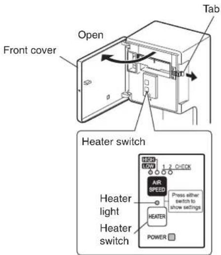 Open Front cover Tab Heater switch High LOW 1 2 CHECK AIR SPEED Press either switch to show settings Heater light Heater switch HEATER POWER