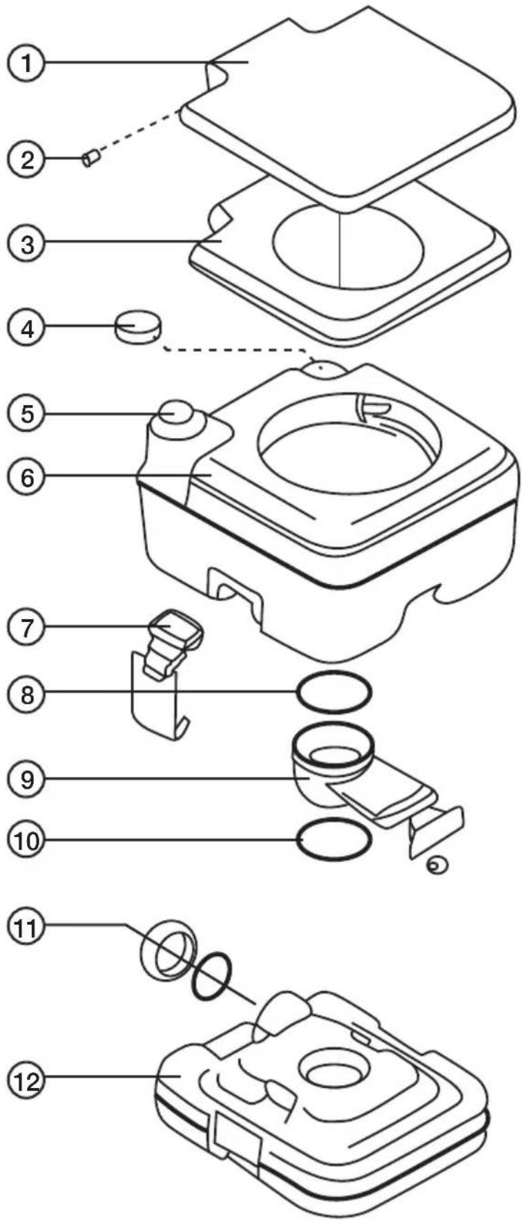 Exploded view diagram of a device with numbered parts for identification and assembly reference.
