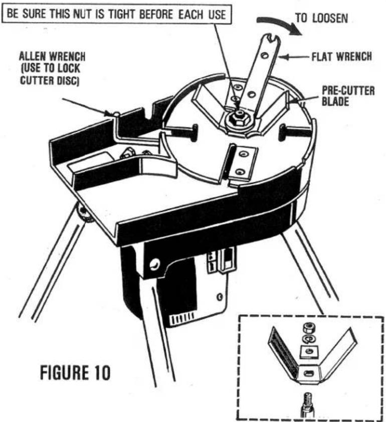 BE SURE THIS NUT IS TIGHT BEFORE EACH USE ALLEN WRENCH (USE TO LOCK CUTTER DISC) TO LOOSEN FLAT WRENCH PRE-CUTTER BLADE FIGURE 10
