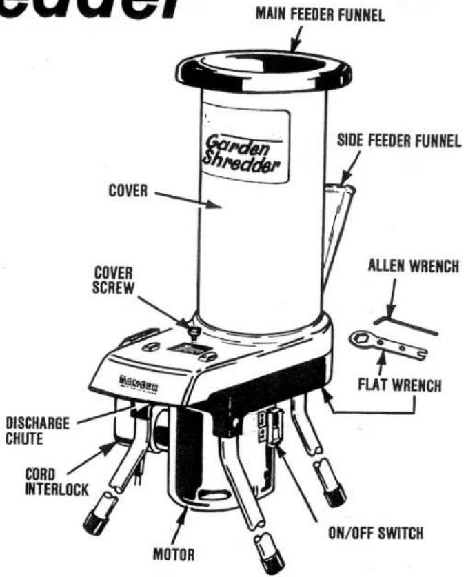 Garden Shredder MAIN FEEDER FUNNEL SIDE FEEDER FUNNEL COVER COVER SCREW DISCHARGE CHUTE CORD INTERLOCK MOTOR ON/OFF SWITCH ALLEN WRENCH FLAT WRENCH