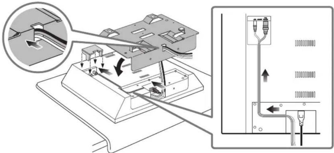 Technical diagram showing cable installation process with labeled components and directional arrows indicating movement