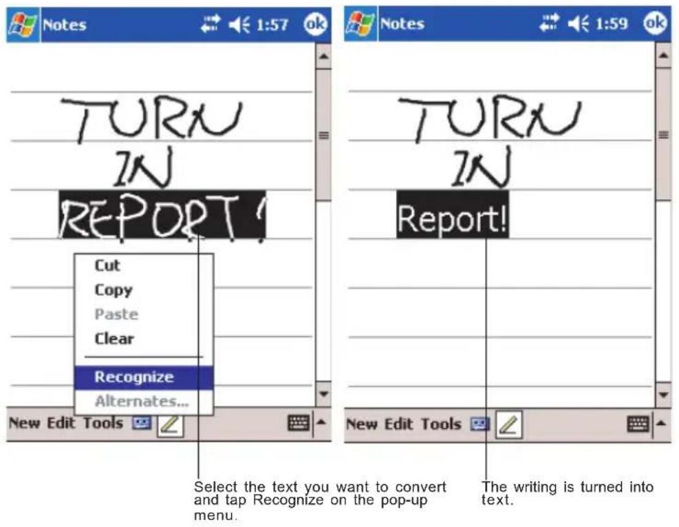 Notes TURN IN REPORT! Cut Copy Paste Clear Recognize Alternates... New Edit Tools Select the text you want to convert and tap Recognize on the pop-up menu. New Edit Tools TURN IN Report! The writing is turned into text.