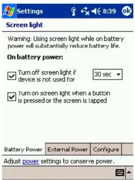 Settings 8:39 ok Screen light Warning: Using screen light while on battery power will substantially reduce battery life. On battery power: ✓ Turn off screen light if 30 sec device is not used for ✓ Turn on screen light when a button is pressed or the screen is tapped Battery Power External Power Configure Adjust power settings to conserve power.