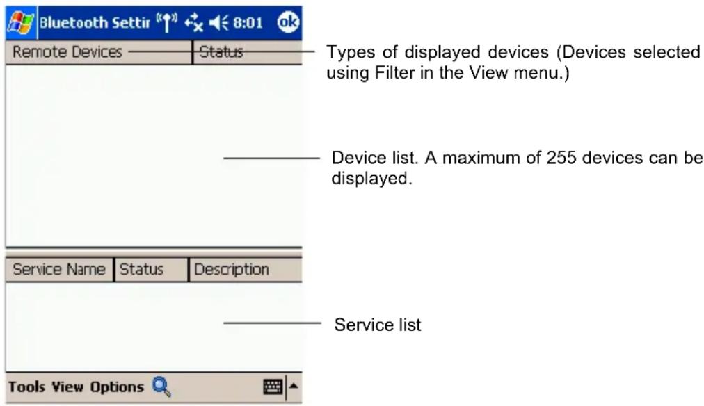 Bluetooth Settir (↑) 8:01 ok Remote Devices Status Types of displayed devices (Devices selected using Filter in the View menu.) Device list. A maximum of 255 devices can be displayed. Service Name Status Description Service list Tools View Options