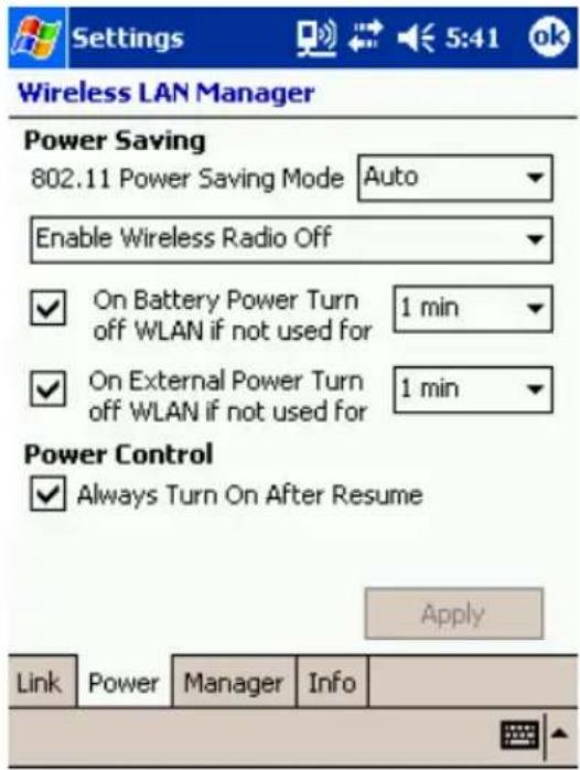 Settings 5:41 ok Wireless LAN Manager Power Saving 802.11 Power Saving Mode Auto Enable Wireless Radio Off ✓ On Battery Power Turn off WLAN if not used for 1 min ✓ On External Power Turn off WLAN if not used for 1 min Power Control ✓ Always Turn On After Resume Apply Link Power Manager Info