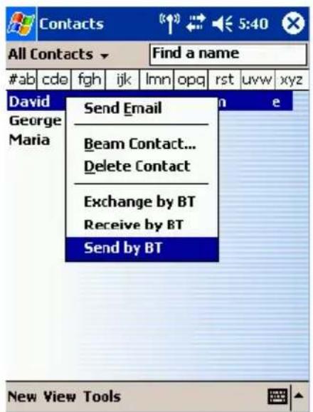 Contacts All Contacts Find a name #ab cde fgh ijk lmn opq rst uvw xyz David George Maria Send Email Beam Contact... Delete Contact Exchange by BT Receive by BT Send by BT New View Tools