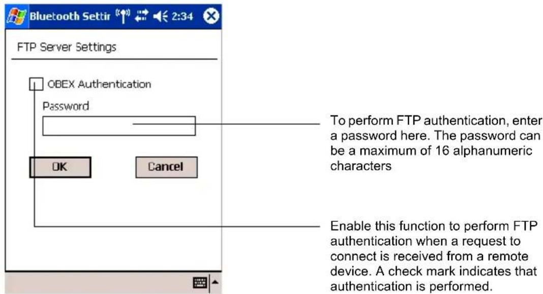 Bluetooth Settir 2:34 FTP Server Settings OBEX Authentication Password OK Cancel To perform FTP authentication, enter a password here. The password can be a maximum of 16 alphanumeric characters Enable this function to perform FTP authentication when a request to connect is received from a remote device. A check mark indicates that authentication is performed.