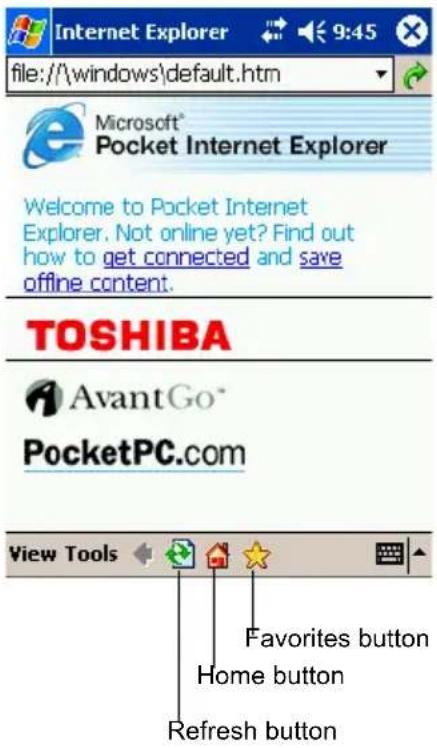 Internet Explorer file:///windows\default.htm Microsoft® Pocket Internet Explorer Welcome to Pocket Internet Explorer. Not online yet? Find out how to get connected and save offline content. TOSHIBA AvantGo® PocketPC.com View Tools Favorites button Home button Refresh button