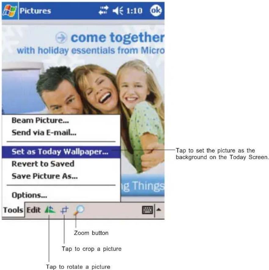 Pictures come together with holiday essentials from Micro Beam Picture... Send via E-mail... Set as Today Wallpaper... Revert to Saved Save Picture As... Options... Tools Edit Zoom button Tap to crop a picture Tap to rotate a picture Tap to set the picture as the background on the Today Screen.