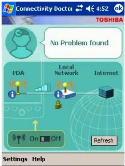 Connectivity Doctor TOSHIBA No Problem found PDA Local Network Internet On Off Refresh Settings Help