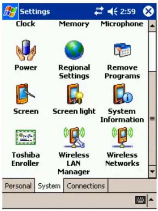 Settings Clock Memory Microphone Power Regional Settings Remove Programs Screen Screen light System Information Toshiba Enroller Wireless LAN Manager Wireless Networks Personal System Connections