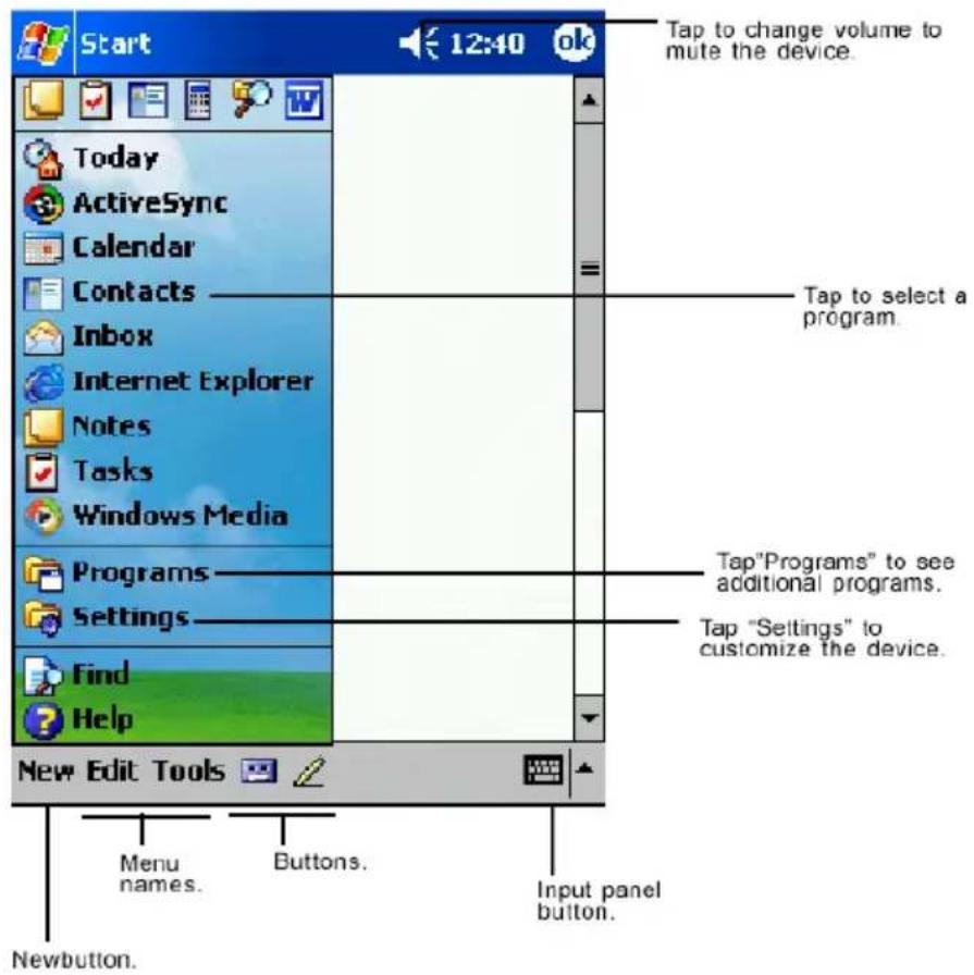 Start 12:40 ok Today ActiveSync Calendar Contacts Inbox Internet Explorer Notes Tasks Windows Media Programs Settings Find Help New Edit Tools Menu names. Buttons. Input panel button. Tap to change volume to mute the device. Tap to select a program. Tap"Programs" to see additional programs. Tap "Settings" to customize the device. Newbutton.