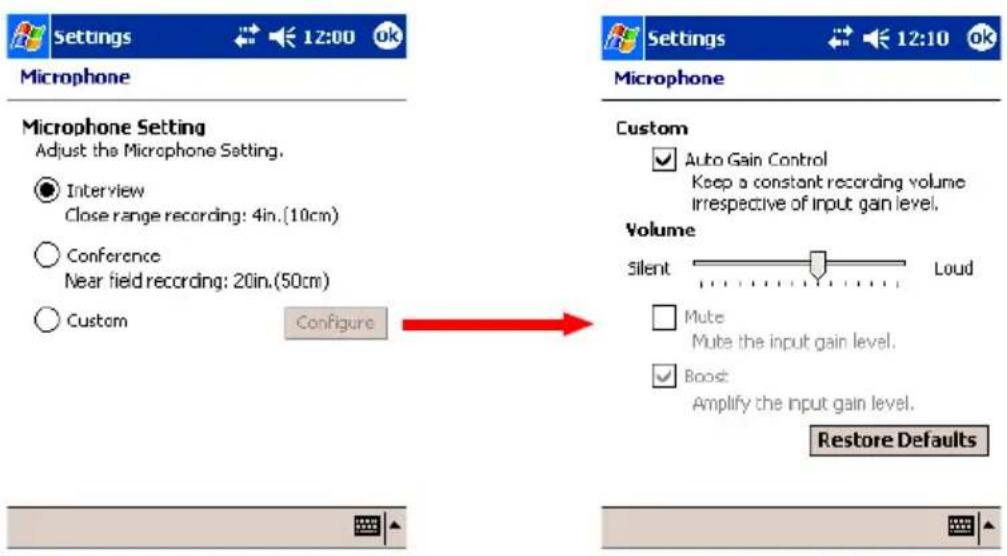 Settings 12:00 Microphone Microphone Setting Adjust the Microphone Setting. Interview Close range recording: 4in.(10cm) Conference Near field recording: 20in.(50cm) Custom Configure Microphone Custom Auto Gain Control Keep a constant recording volume irrespective of input gain level. Volume Silent Loud Mute Mute the input gain level. Boost Amplify the input gain level. Restore Defaults