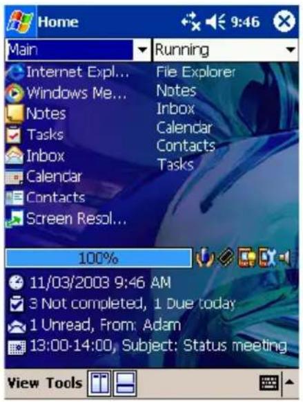 Home Main Running Internet Expl... Windows Me... Notes Tasks Inbox Calendar Contacts Screen Resol... File Explorer Notes Inbox Calendar Contacts Tasks 100% 11/03/2003 9:46 AM 3 Not completed, 1 Due today 1 Unread, From: Adam 13:00-14:00, Subject: Status meeting View Tools