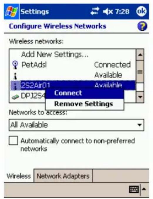 Configure Wireless Networks Wireless networks: Add New Settings... PetAdsl Connected Available 2S2Air01 Available Connect Remove Settings Networks to access: All Available Automatically connect to non-preferred networks Wireless Network Adapters