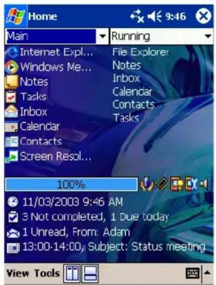 Home Main Running Internet Expl... Windows Me... Notes Tasks Inbox Calendar Contacts Screen Resol... 100% 11/03/2003 9:46 AM 3 Not completed, 1 Due today 1 Unread, From: Adam 13:00-14:00; Subject: Status meeting View Tools