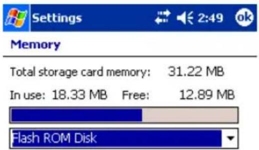 Settings 2:49 ok Memory Total storage card memory: 31.22 MB In use: 18.33 MB Free: 12.89 MB Flash ROM Disk