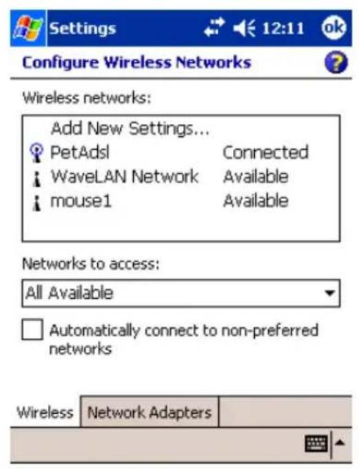 Settings 12:11 ok Configure Wireless Networks Wireless networks: Add New Settings... PetAdsl Connected WaveLAN Network Available mouse1 Available Networks to access: All Available Automatically connect to non-preferred networks Wireless Network Adapters