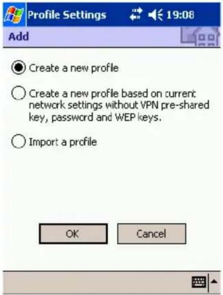 Profile Settings Add Create a new profile Create a new profile based on current network settings without VPN pre-shared key, password and WEP keys. Import a profile OK Cancel