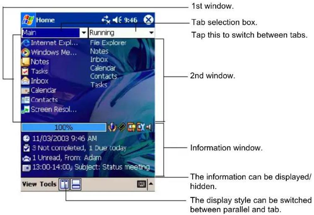 1st window. Main Running Internet Expl... File Explorer Windows Me... Notes Inbox Tasks Calendar Contacts Inbox Tasks 2nd window. Calendar Contacts Screen Resol... 100% 11/03/2003 9:46 AM 3 Not completed, 1 Due today 1 Unread, From: Adam 13:00-14:00, Subject: Status meeting Information window. The information can be displayed/ hidden. The display style can be switched between parallel and tab. View Tools
