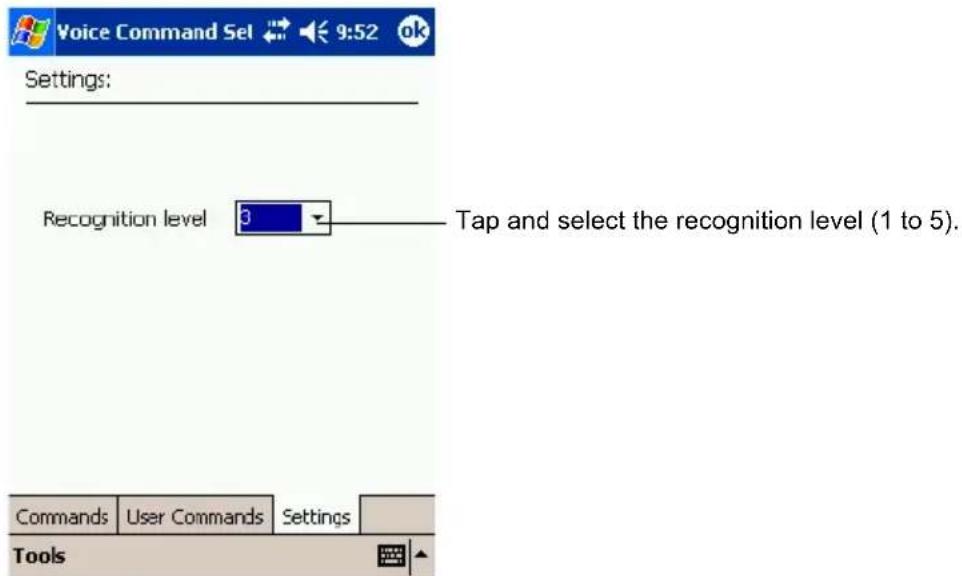 Voice Command Sel 9:52 ok Settings: Recognition level 3 Tap and select the recognition level (1 to 5). Commands User Commands Settings Tools