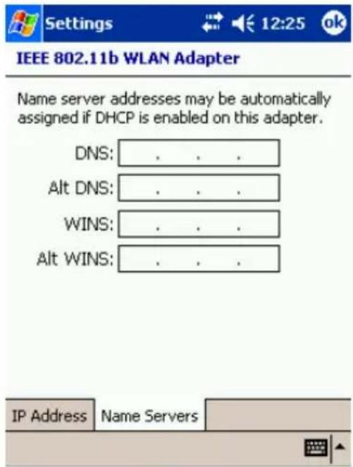 IEEE 802.11b WLAN Adapter Name server addresses may be automatically assigned if DHCP is enabled on this adapter. DNS: . . . Alt DNS: . . . WINS: . . . Alt WINS: . . . IP Address Name Servers