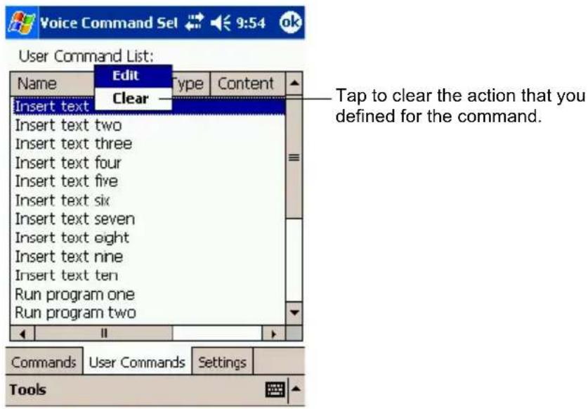Voice Command Sel 9:54 User Command List: Name Edit Type Content Insert text Clear Insert text two Insert text three Insert text four Insert text five Insert text six Insert text seven Insert text eight Insert text nine Insert text ten Run program one Run program two Commands User Commands Settings Tools