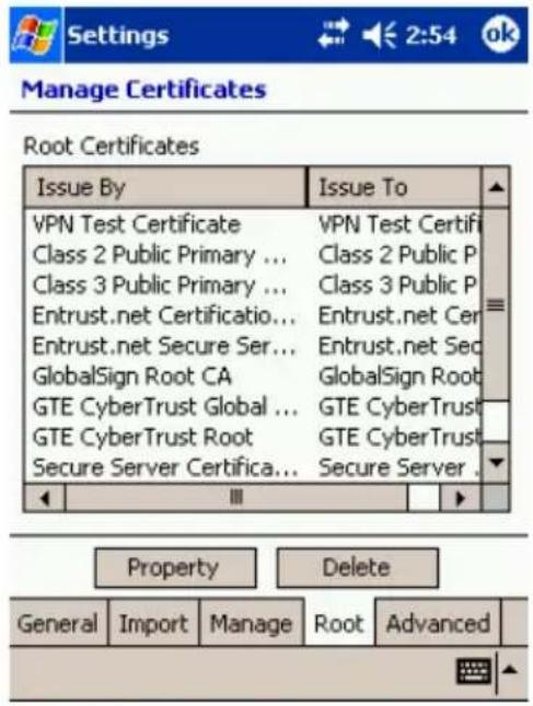 Manage Certificates Root Certificates Issue By Issue To VPN Test Certificate Class 2 Public Primary ... Class 3 Public Primary ... Entrust.net Certificatio... Entrust.net Secure Ser... GlobalSign Root CA GTE CyberTrust Global ... GTE CyberTrust Root Secure Server Certifica... VPN Test Certifi Class 2 Public P Class 3 Public P Entrust.net Cer Entrust.net Sec GlobalSign Root GTE CyberTrust GTE CyberTrust Secure Server . Property Delete General Import Manage Root Advanced