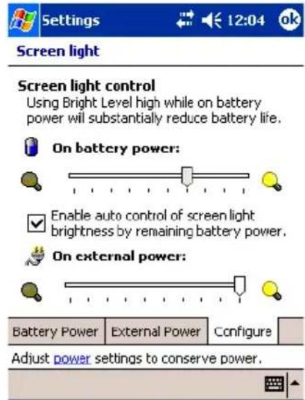 Settings 12:04 ok Screen light Screen light control Using Bright Level high while on battery power will substantially reduce battery life. On battery power: Enable auto control of screen light brightness by remaining battery power. On external power: Battery Power External Power Configure Adjust power settings to conserve power.